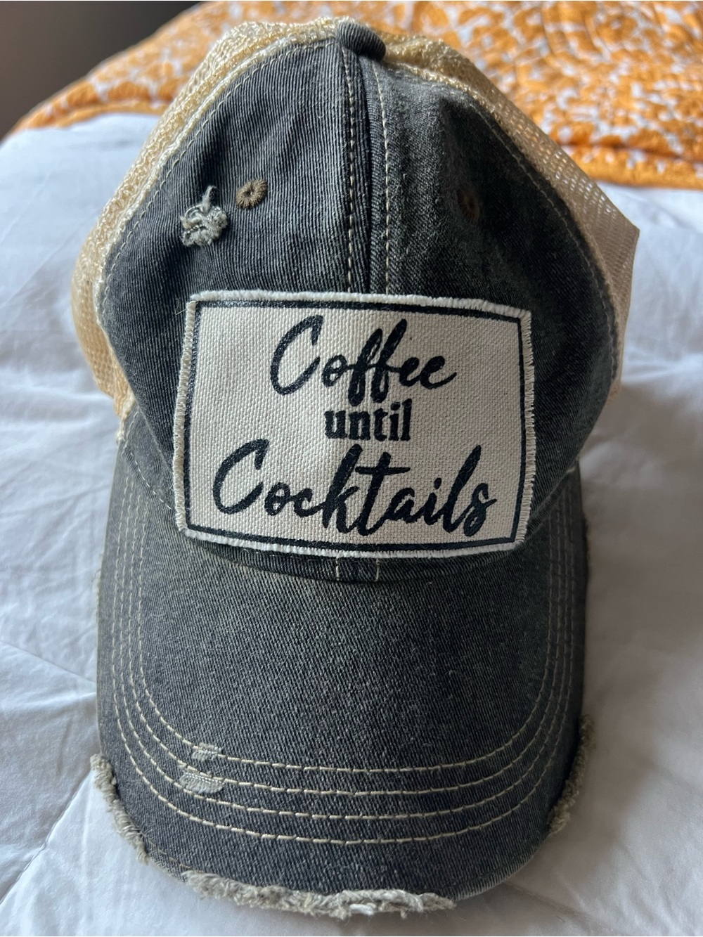 Coffee Until Cocktails Distressed Trucker Hat - Black/Tan